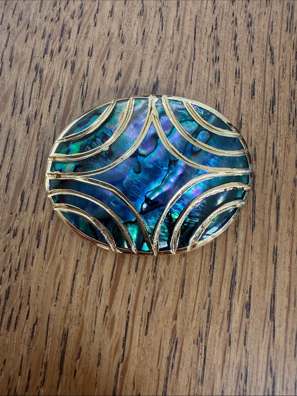 BROOCH Pin Abalone Shell Oval Gold Tone Accent Mermaidcore Beachy Art Deco